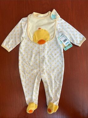 Bon Bebe Yellow & Cream Duck Applique Footed One-Piece